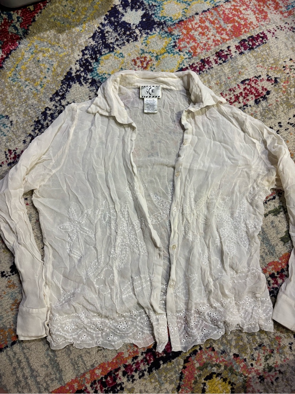 Ice Silk Crinkled Cream Button-Down Blouse with Embroidered Hem